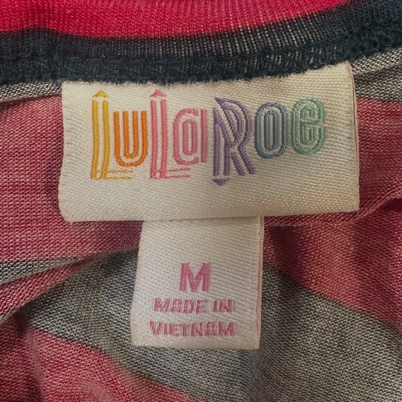 Lularoe Carly Dress Size Medium Red Green Striped Short Sleeve Chest Pocket - Picture 8 of 10